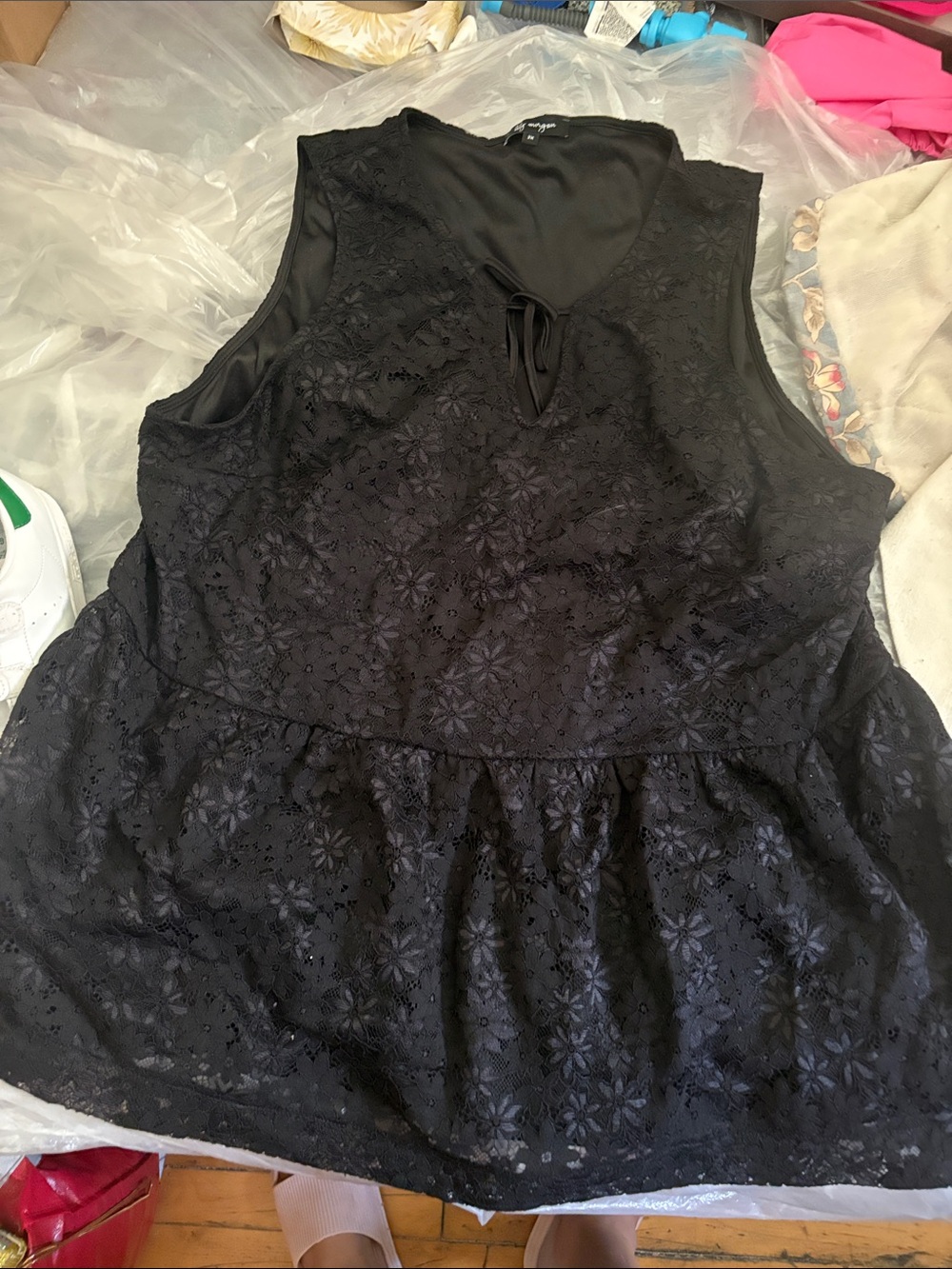 Black Sleeveless Peplum Eyelet Tunic with Keyhole Tie